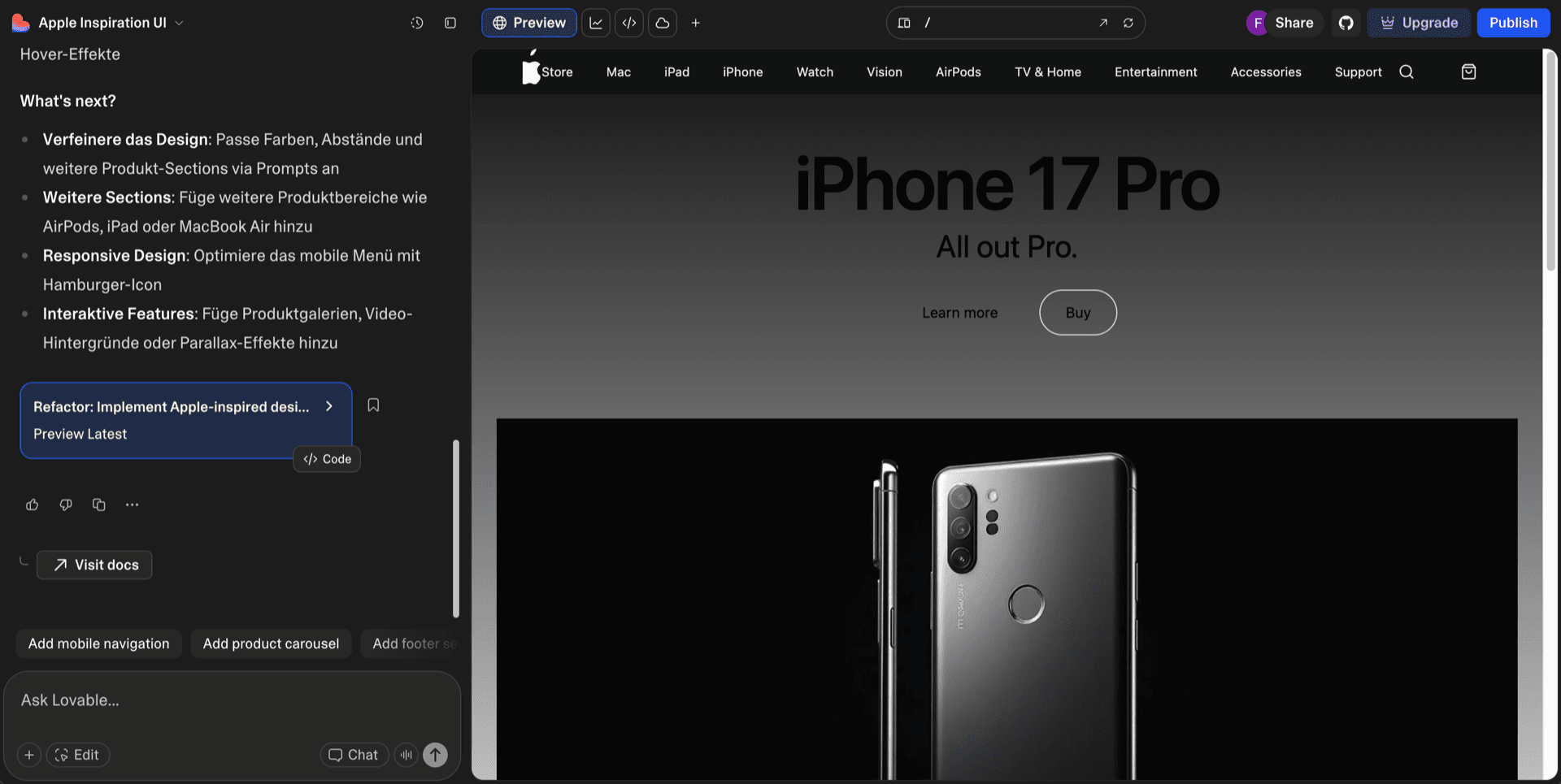 Lovable AI Website Builder - Example of a copied Apple page with live preview