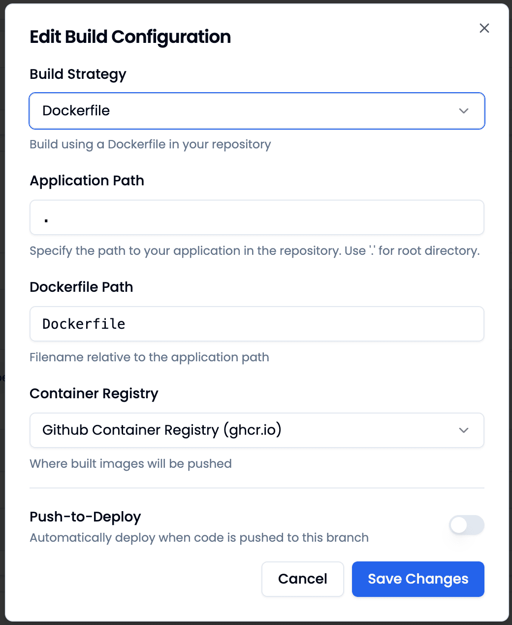 Edit Build Configuration — Dockerfile