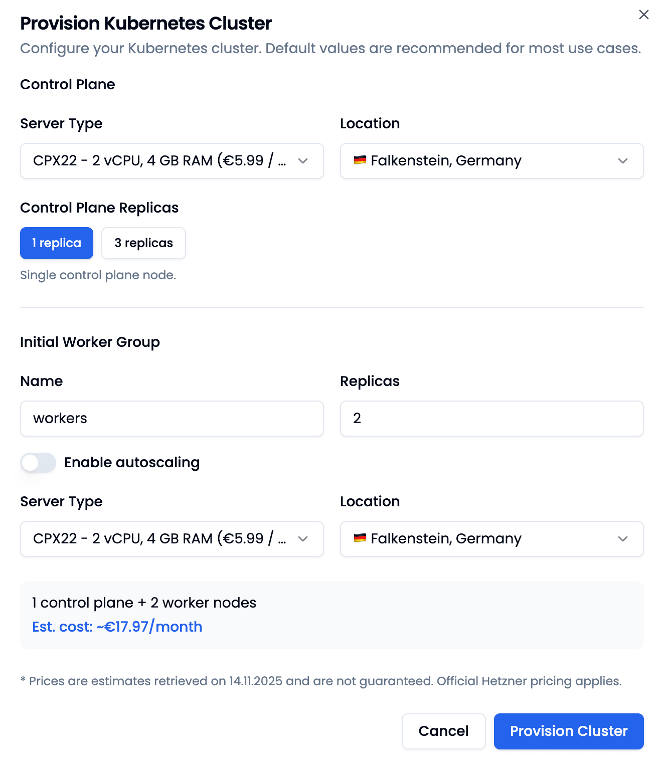 Provision K8s Cluster Dialog