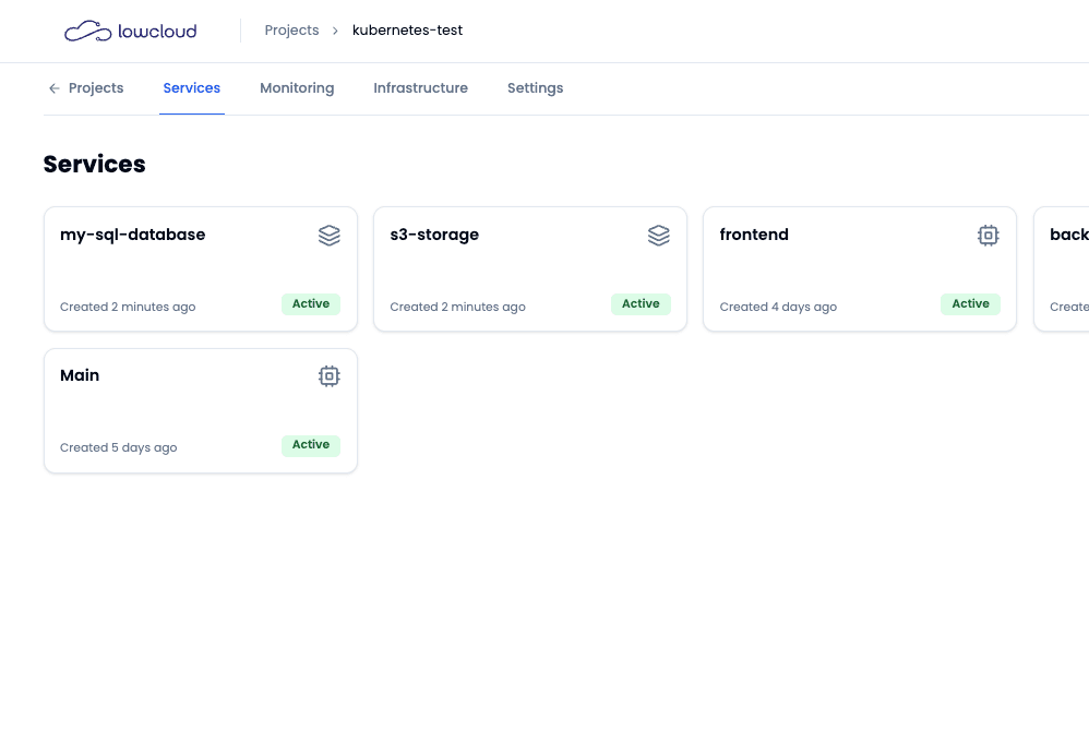 Overview of all client projects in the lowcloud dashboard