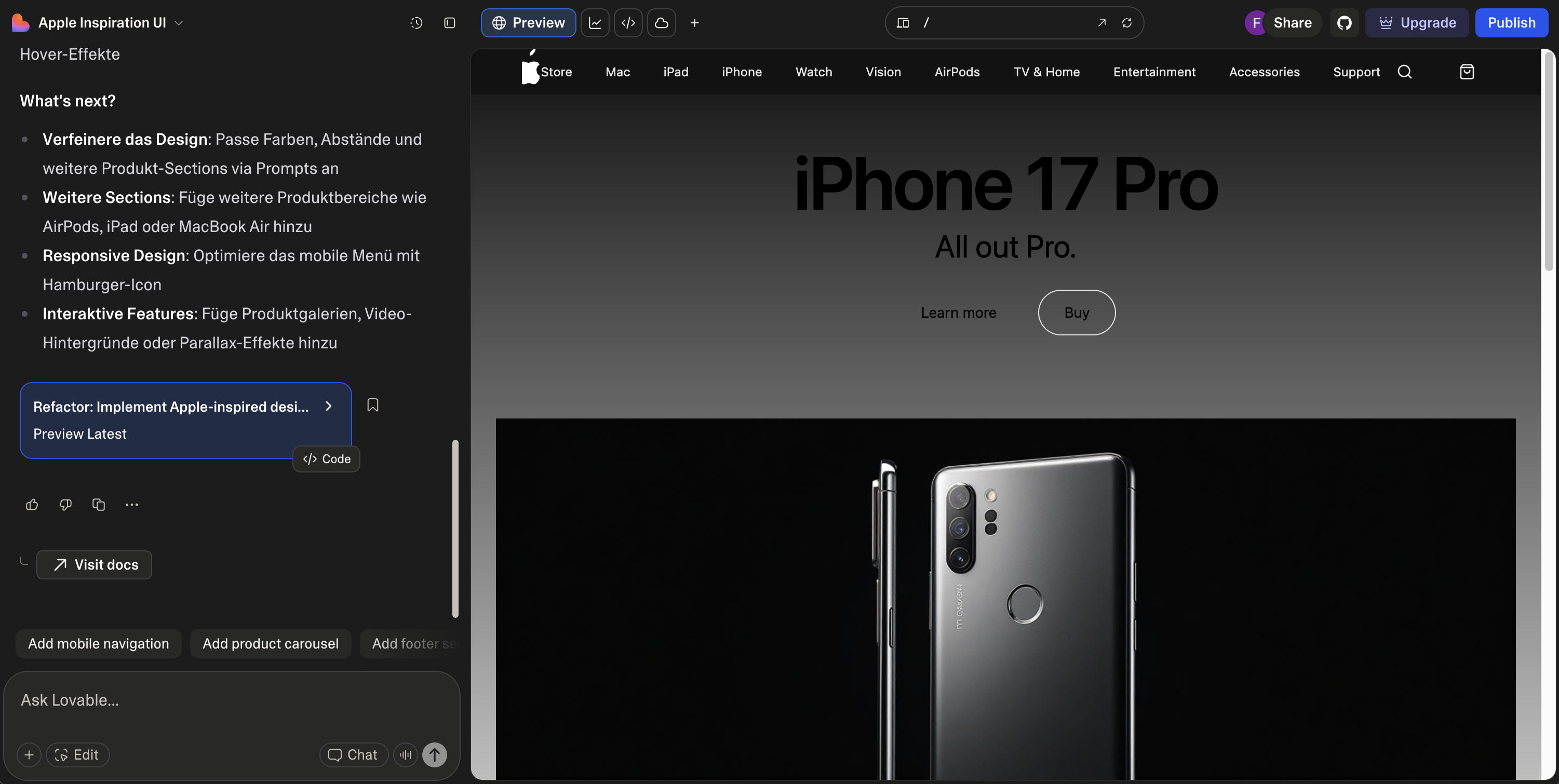 Lovable AI Website Builder - Example of a copied Apple page with live preview