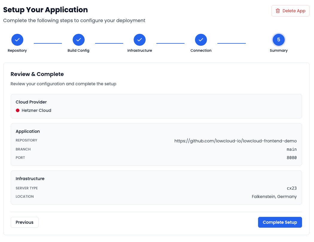 lowcloud Deployment Flow - Setup Your Application with 5-step process