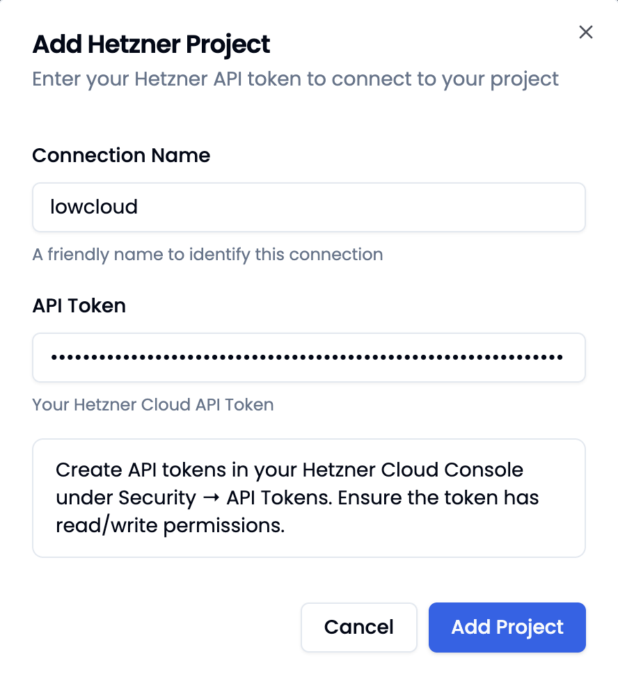 Connect Hetzner Project Dialog