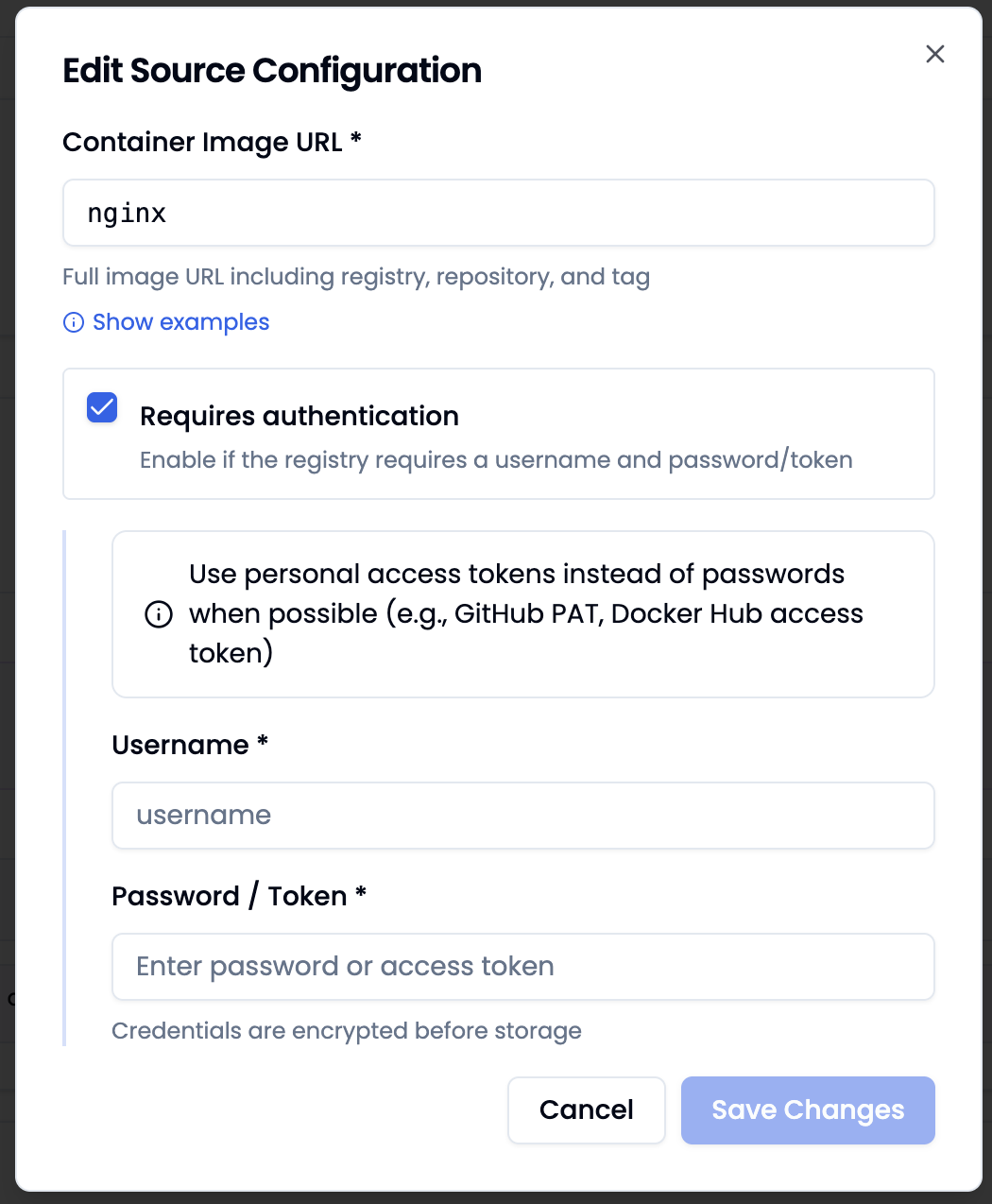 Edit Source Configuration Dialog